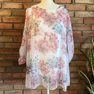 Creation Sheer Lined Top in Floral Print with Tie Across Shoulders Size Medium